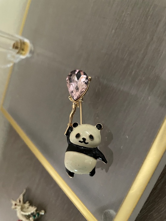 Artisan Pink and Black Panda Brooch with Gold Stem - Picture 7 of 8